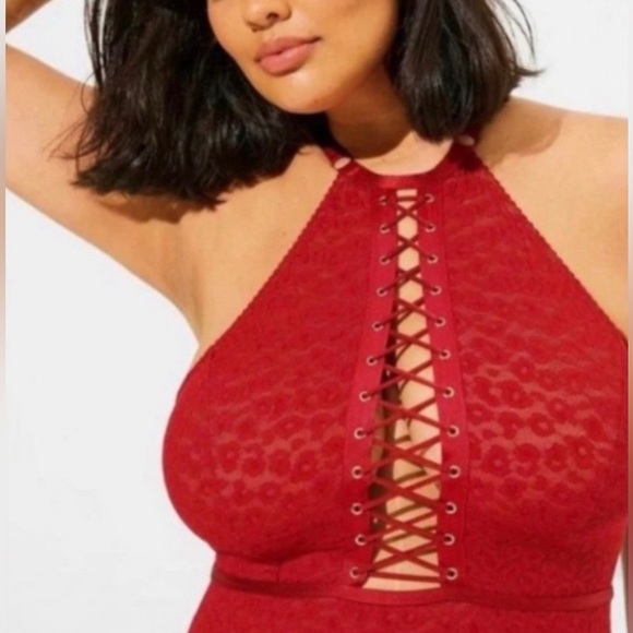 Torrid Curve Animal Print Lace Up Halter Bodysuit - Rhubarb - Picture 1 of 14